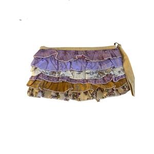 Boho Floral Silk Ruffle Wristlet Clutch Bag Purple Yellow Mixed Print Zip Top